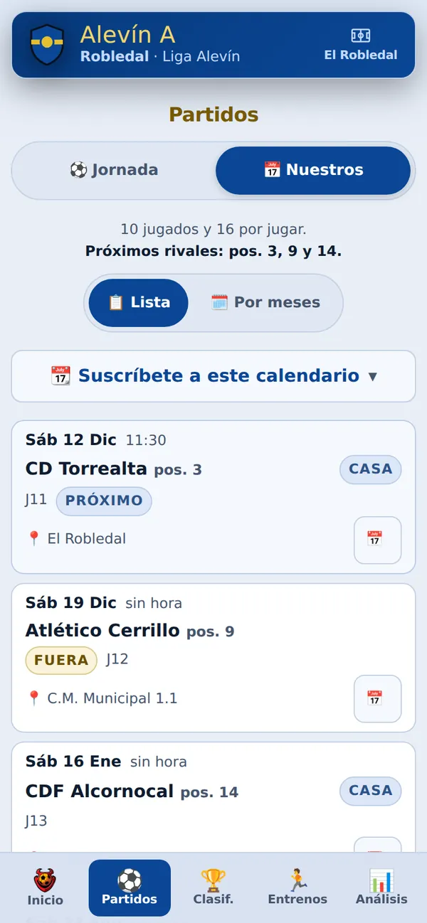 Los partidos que vienen, con fecha, rival, puesto del rival y campo